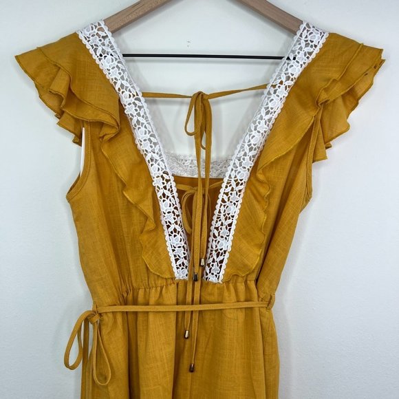 NWT Simplee Golden Yellow Crochet Lace Trim Romper - Tie Back - Linen - Medium - Picture 10 of 14